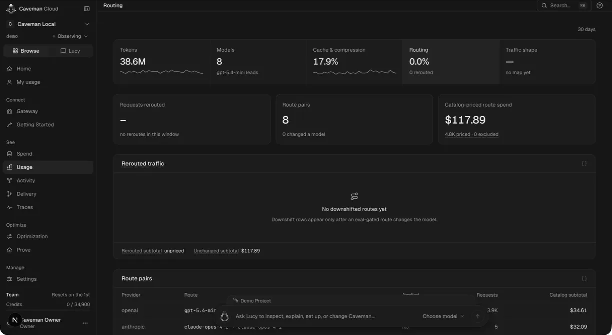 Caveman Cloud routing view: 38.6M tokens across 8 models, 17.9% cache and compression, routing at 0.0% with 0 rerouted, $117.89 of catalog-priced route spend, an empty rerouted-traffic panel reading no downshift rows yet, and a route pairs table listing each provider and model with its request count and catalog subtotal.