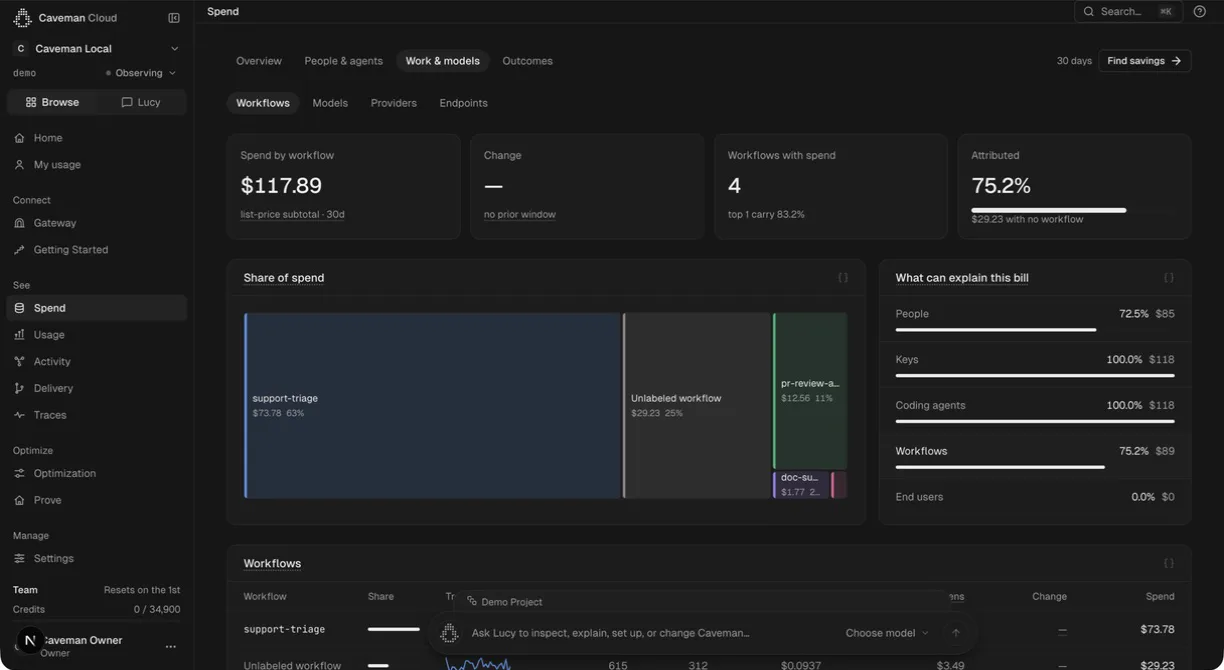 Caveman Cloud spend by workflow: $117.89 list-price subtotal over 30 days across 4 workflows, a share-of-spend treemap led by support-triage at $73.78, and a panel explaining the bill by people, keys, coding agents, workflows and end users.